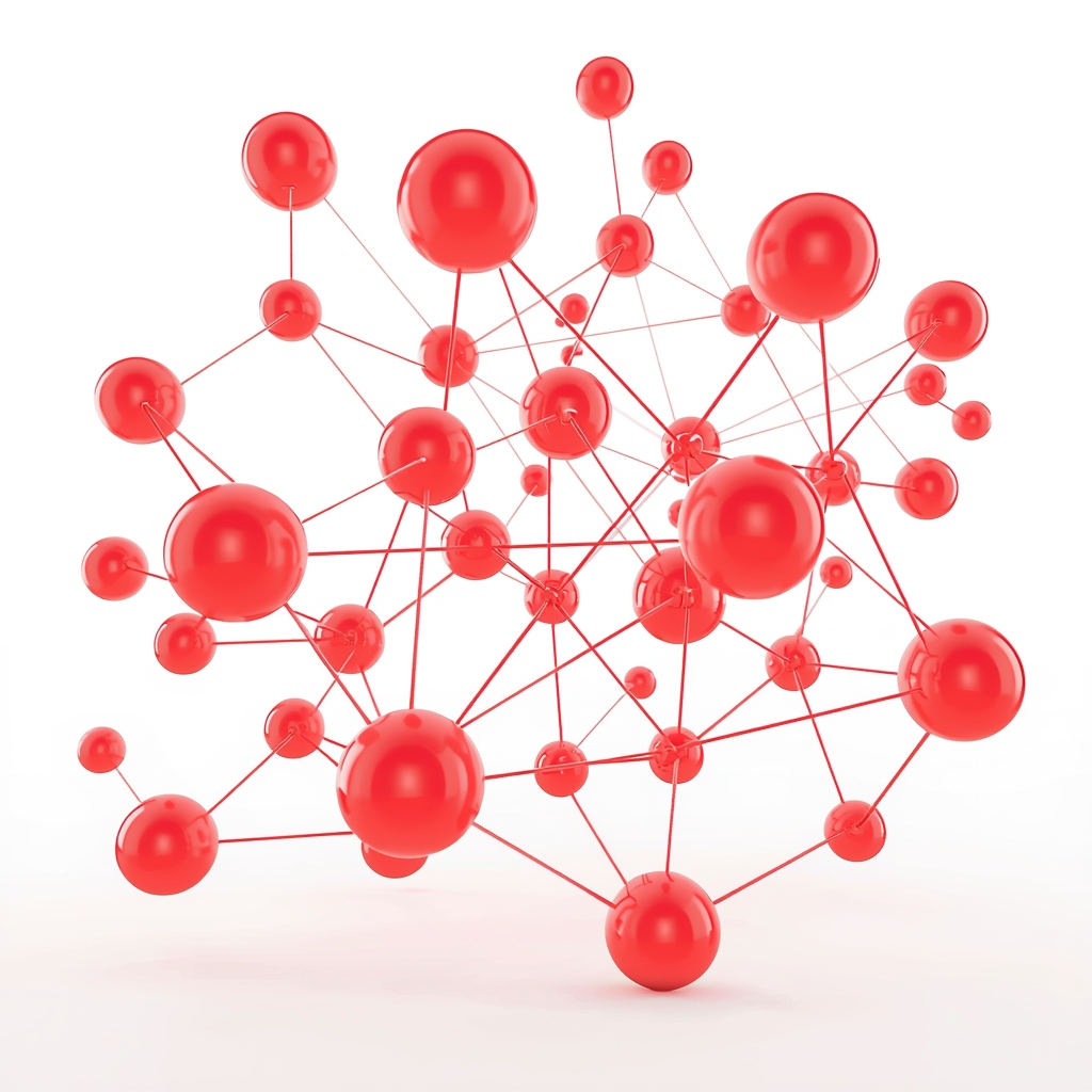 A modern abstract 3D rendering of connected nodes and conversational bubbles floating in a bright white and soft red environment, emphasizing network and community, digital art style. (no woman image)
